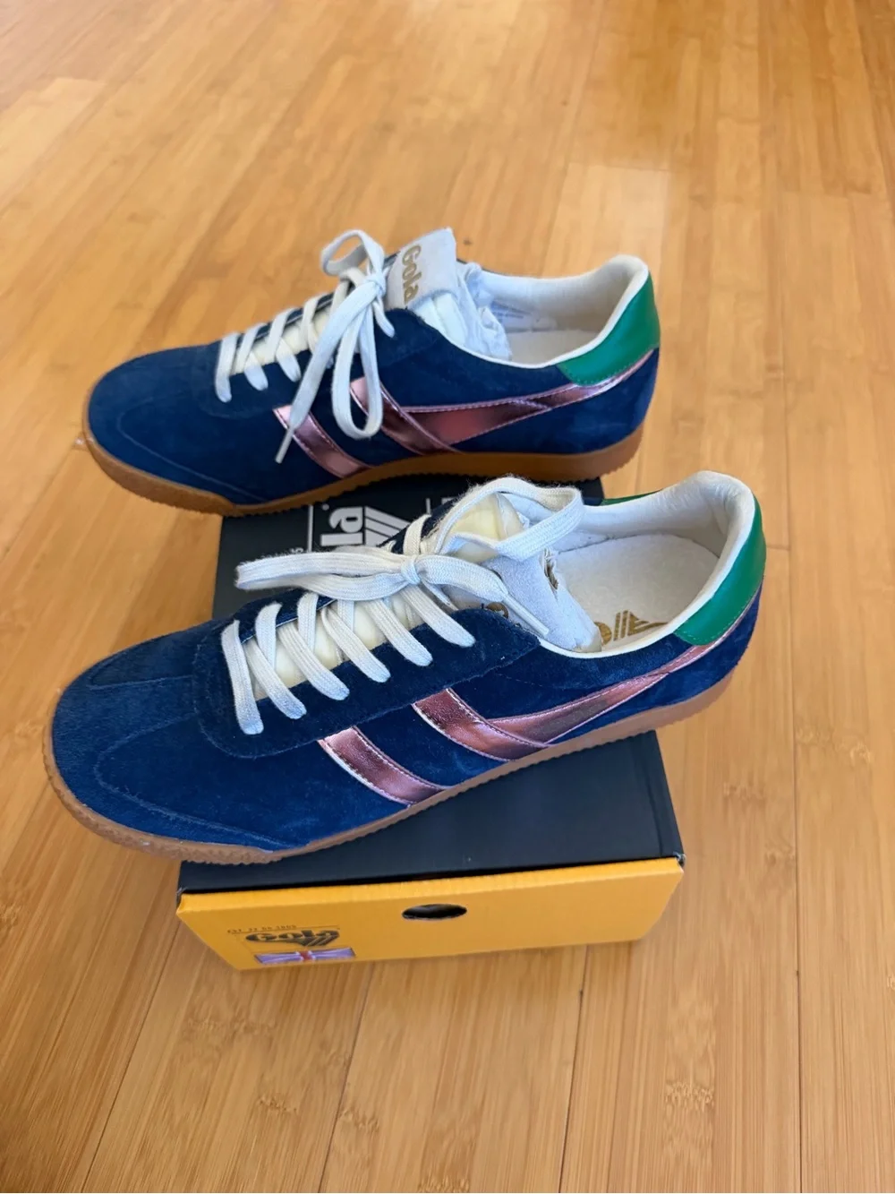 Gola Navy Suede Sneakers with Copper Stripes and Green Heel Tab